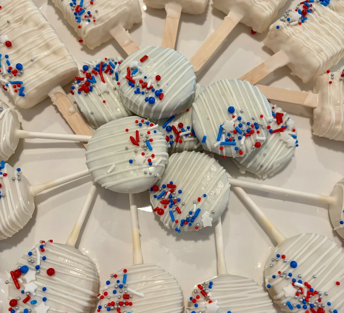 Close-up of red white and blue decorated cake pops